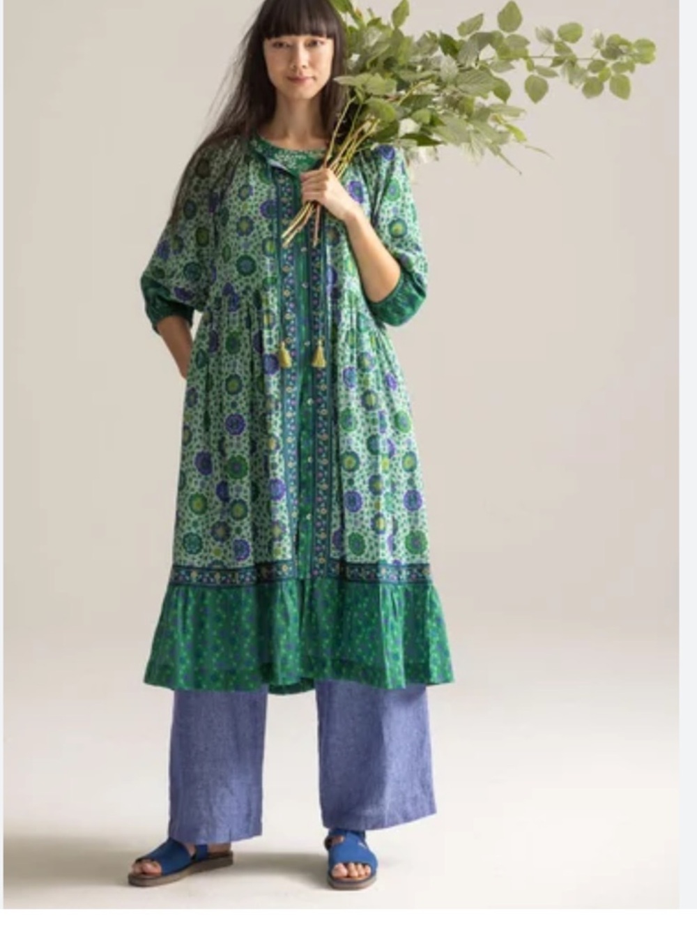 Gudrun Sijoden Yasmina Floral  button Front Ruffle Hem Midi Dress Boho Size XL